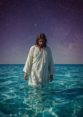 Jesus walking on water at night