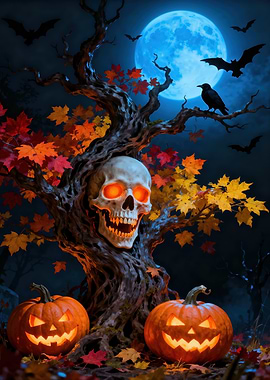 Halloween Night Scene with Skull and Pumpkins