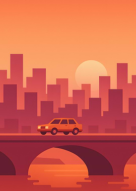 Cityscape Sunset Car Ride Illustration