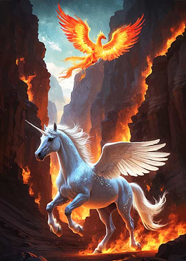 Unicorn and Phoenix Fiery Landscape
