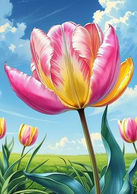 Pink and Yellow Tulip Field