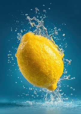 Lemon Splash on Blue Background