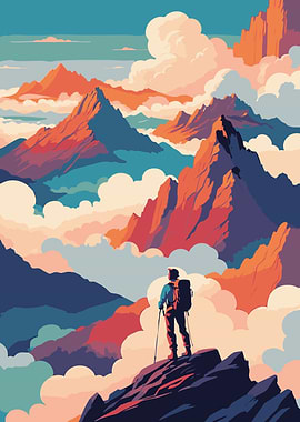 Mountain Hiker Landscape Illustration