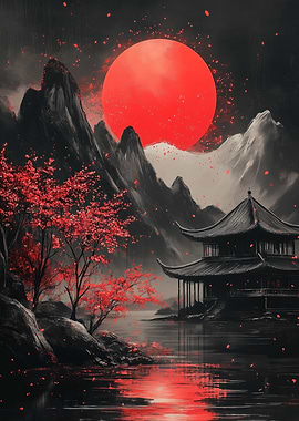 Japanese Landscape with Red Moon