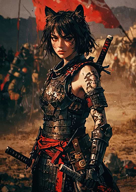 Cat-Eared Samurai Warrior in Battle