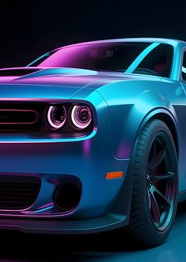Close-up of Blue Muscle Car with Dramatic Neon Lighting