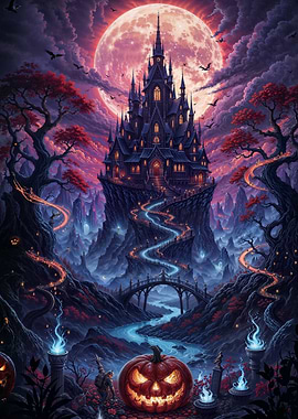 Halloween Castle Under a Full Moon