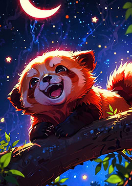 Happy Red Panda Under Crescent Moon