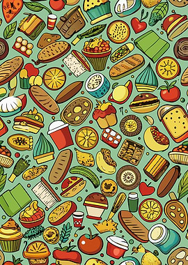 Food Pattern on Green Background