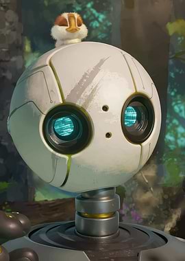 Robot with Bird in Forest