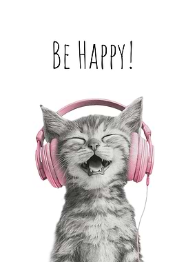 Happy Cat with pink Headphones