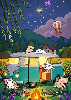 Cartoon Camping Adventure with Animal Characters