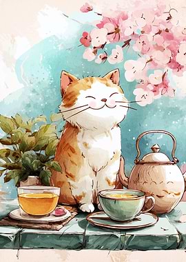 Smiling Cat with Tea and Cherry Blossoms