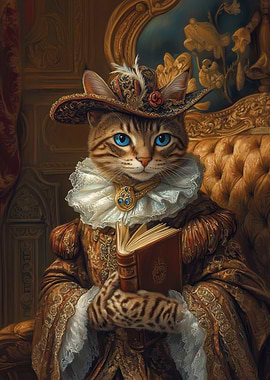 Regal Cat Portrait with Book | Aristocrat Cat Vintage Wall Print