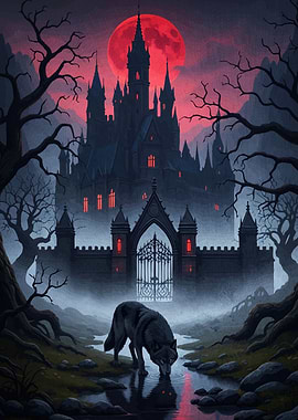 Wolf drinking front castle