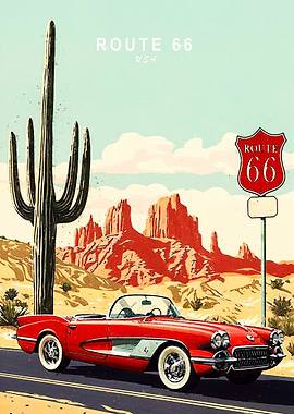 Route 66 Red Corvette Desert Landscape