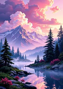 Mountains at Lake by Sunset Nature