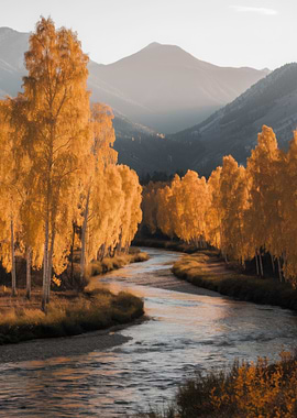 Autumn River Landscape with Golden Trees