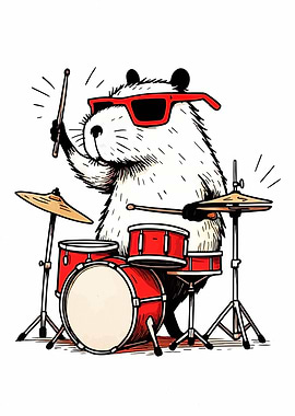 Capybara Drummer with Red Sunglasses