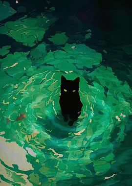 Black Cat in Green Water Painting