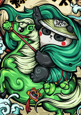 Panda Warrior Riding Green Horse