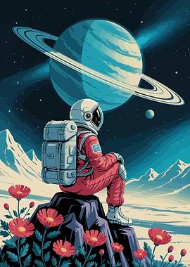 Astronaut on a mountain with flowers