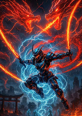 Cyberpunk Samurai Fiery Dragons
