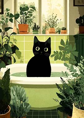Black cat in a bathtub with plants