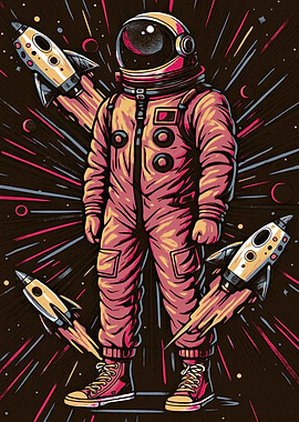 Retro Astronaut with Rockets in Space