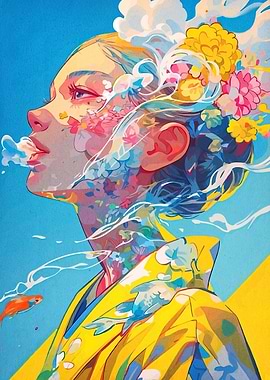 Floral Woman Portrait in Blue and Yellow
