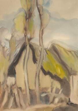 Watercolor Landscape with Trees and Sky