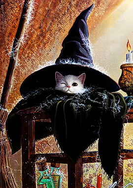This is why witches prefer black cats - Moonlight Familiar - White Winking Cat Under Witch Hat