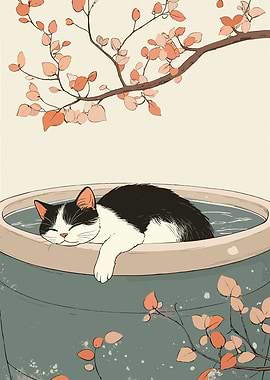 Sleeping Cat in Tub with Blossoms