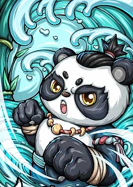 Cartoon Panda Warrior with Water Background