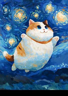 Chubby Cat in Starry Night Painting