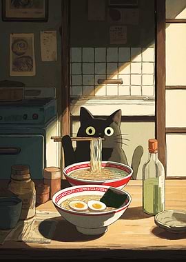 Black Cat Eating Ramen Illustration