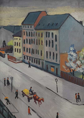 Cityscape Painting with Figures and Buildings