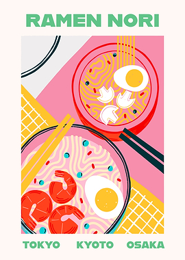 Ramen Nori Illustration with Tokyo, Kyoto, Osaka