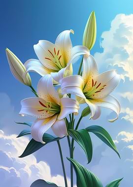 White Lilies Against a Cloudy Sky