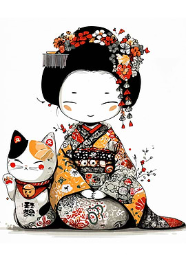 Geisha and Maneki Neko Illustration