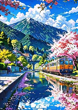 Japanese Train with Cherry Blossoms