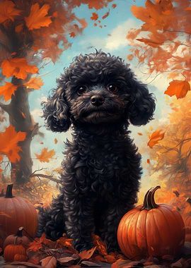 Black Poodle in Autumn Scene | Autumn Dog Print