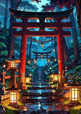 Japanese Torii Gate in Forest Illustration
