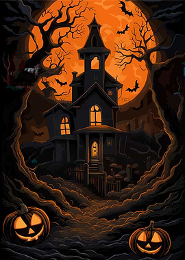 Halloween Haunted House with Pumpkins