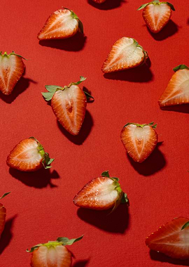 Strawberry Halves on Red Background