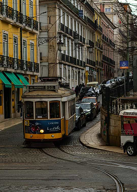 Lisbon Tram on Cobblestone Street