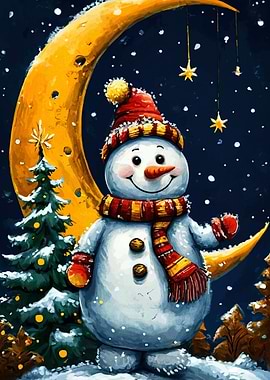 Festive Snowman with Moon and Stars