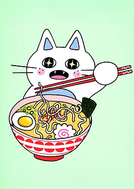 Cartoon Cat Eating Ramen Illustration