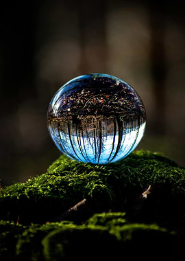 Crystal ball reflecting forest scene