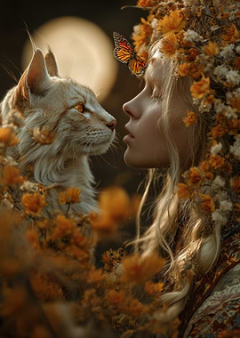 Woman, Lynx, and Butterfly Portrait